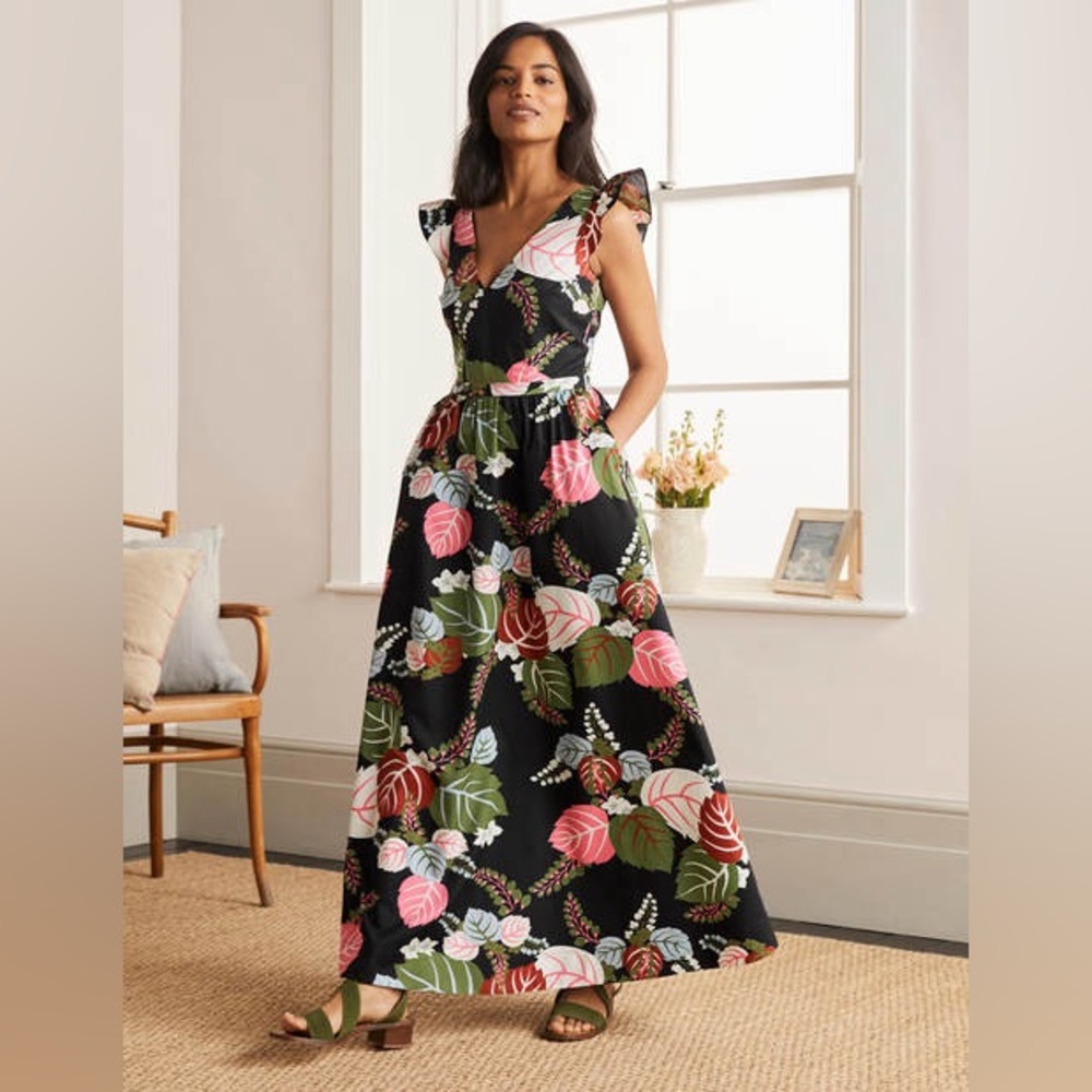Boden Andrea Frill Sleeve Floral Maxi Dress, Sz 2